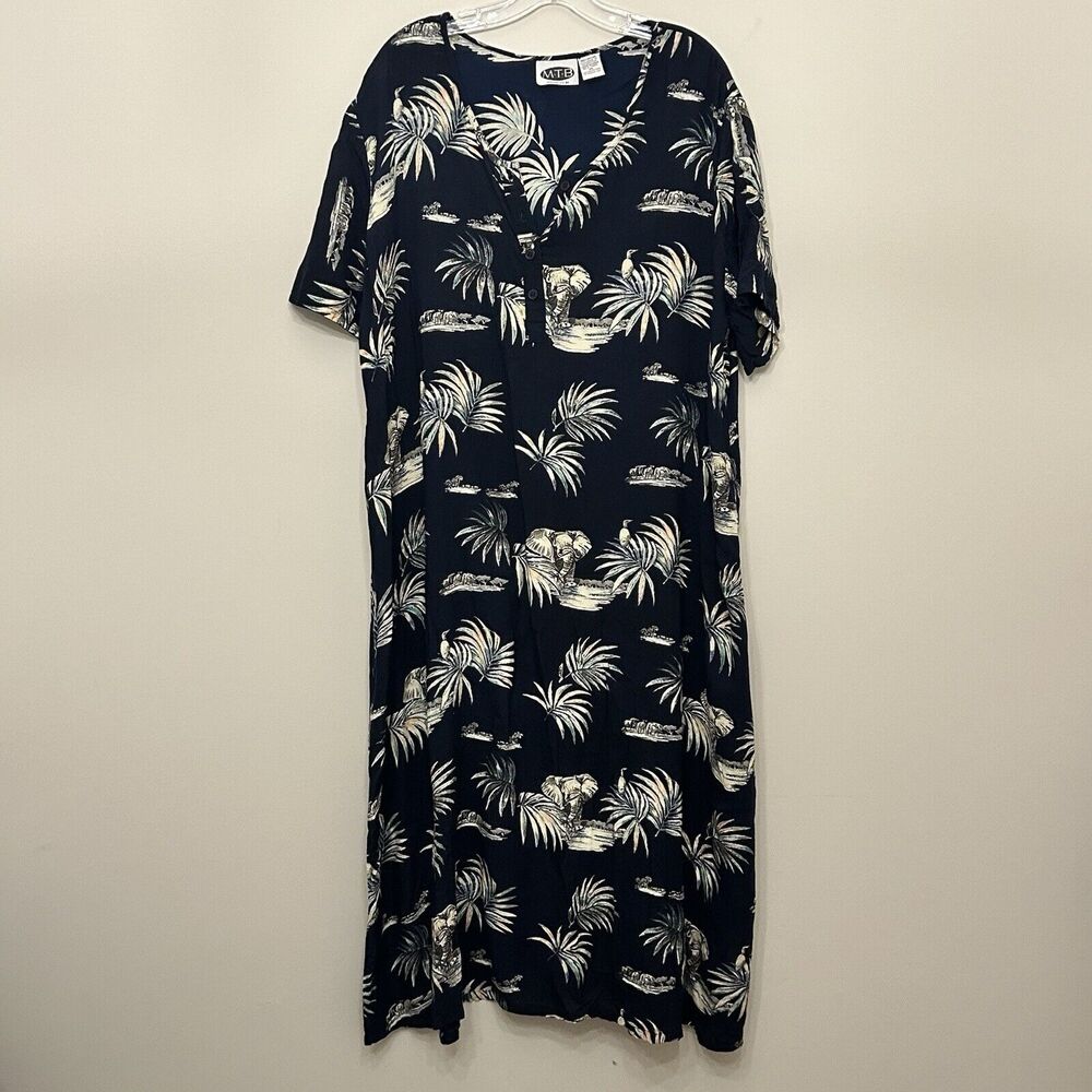 MTB Meant To Be Short Sleeve Midi Shift Dress Womens XL Blue Tropical Elephant‎